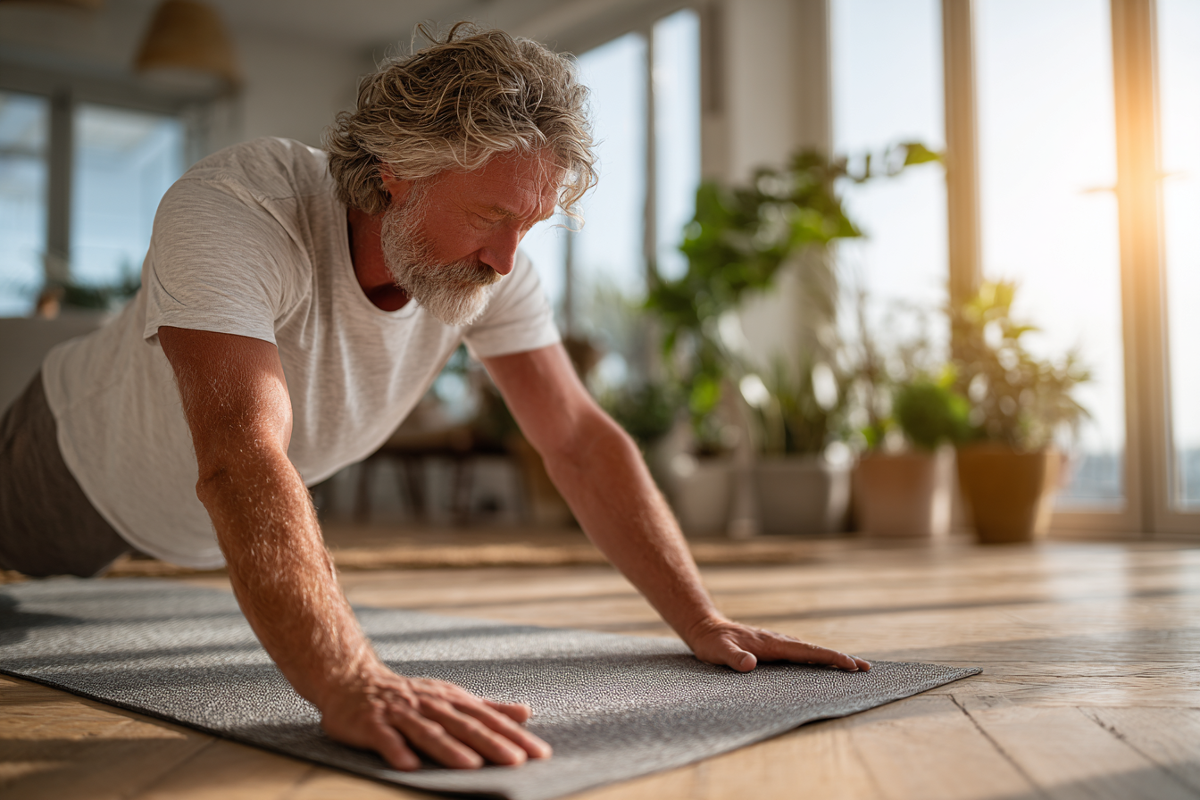 Група старших людей виконує йогу на природі